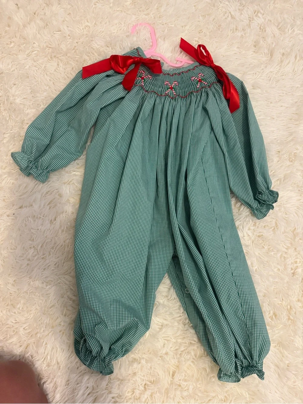 Green Gingham Smocked Baby One-Piece with Red Ribbon